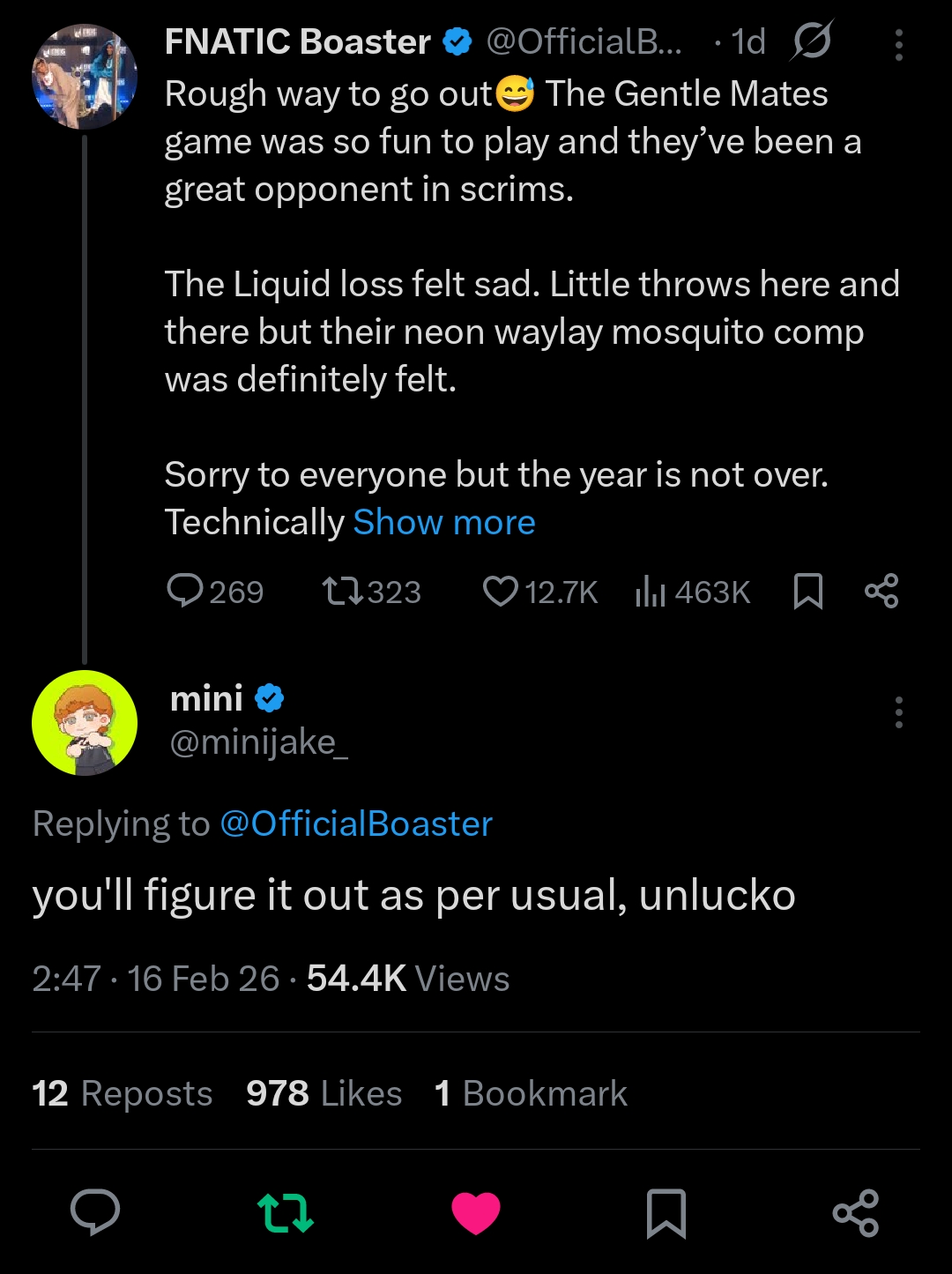 Thumbnail for Mini's reply to Boaster's tweet. 